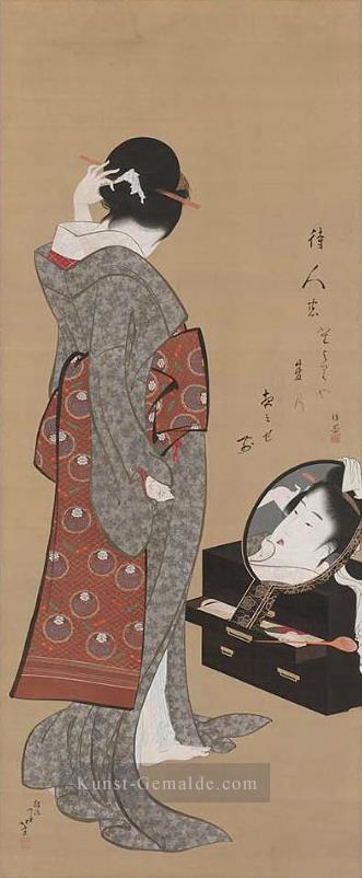 Frau schaut sich in einem Spiegel Katsushika Hokusai Ukiyoe Ölgemälde
